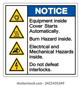 Notice Equipment Inside Cover Starts Automatically Burn Hazard Inside Electrical and Mechanical Hazards Inside Do not Defeat Interlocks ,Vector Illustration, Isolate On White Background Label. EPS10