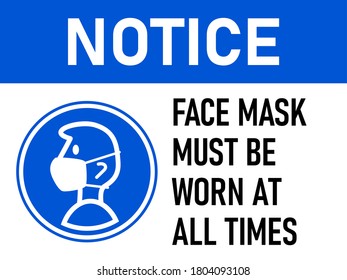 Notice Face Mask Must Be Worn at All Times Horizontal Warning Poster Sign against the Spread of Coronavirus with an Aspect Ratio of 4:3. Vector Image.