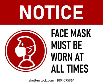 Notice Face Mask Must Be Worn at All Times Horizontal Warning Poster Sign against the Spread of Coronavirus with an Aspect Ratio of 4:3. Vector Image.