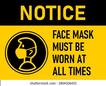 Notice Face Mask Must Be Worn at All Times Horizontal Warning Poster Sign against the Spread of Coronavirus with an Aspect Ratio of 3:4. Vector Image.