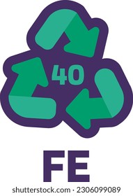 Notice FE number 40 for industrial products marking. Recycle code for metals. Informing consumer of package properties and chemical composition . Green triangular arrow sign. Vector