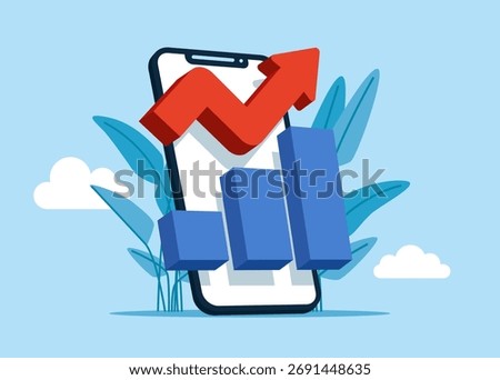 Notice for finance statistic on mobile phone, sell and buy chart. Rising profit growth graph. Investment profit growth, financial advisor. Make money to get rich or increase earning or income. 