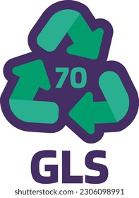 Notice GLS number 70 for industrial products marking. Recycle code for glass. Informing consumer of package properties and chemical composition . Green triangular arrow sign. Vector