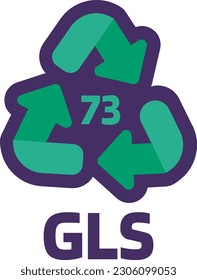Notice GLS number 73 for industrial products marking. Recycle code for glass. Informing consumer of package properties and chemical. Green triangular arrow sign. Vector
