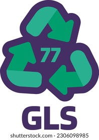 Notice GLS number 77 for industrial products marking. Recycle code for glass. Informing consumer of package properties and chemical. Green triangular arrow sign. Vector