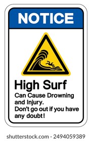 Notice High Surf Can Cause Drowning and Injury Symbol Sign, Vector Illustration, Isolate On White Background Label. EPS10