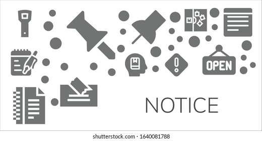 notice icon set. 11 filled notice icons.  Simple modern icons such as: Opener, Push pin, Notes, Memorize, Danger, Note, Open