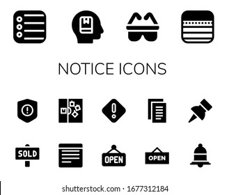 Notice Icon Set. 14 Filled Notice Icons.  Simple Modern Icons Such As: Reminder, Memorize, Safety, Notes, Sold, Warning, Note, Open, Danger, Notification, Push Pin