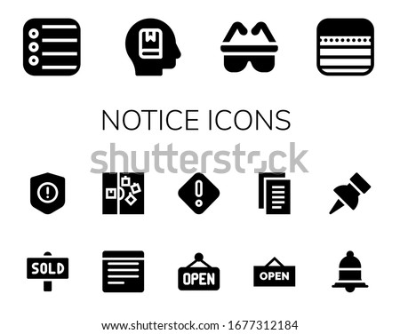 notice icon set. 14 filled notice icons.  Simple modern icons such as: Reminder, Memorize, Safety, Notes, Sold, Warning, Note, Open, Danger, Notification, Push pin