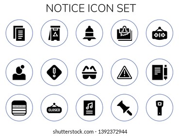 notice icon set. 15 filled notice icons.  Collection Of - Notes, Notification, Danger, Safety, Note, Warning, Open, Closed, Poster, Push pin, Opener