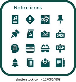  notice icon set. 16 filled notice icons. Simple modern icons about  - Poster, Danger, Note, Push pin, Open, Memorize, Notes, Safety, Sold, Notification