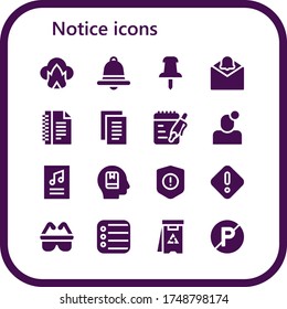 Symbol-Set anzeigen. 16 gefüllte Kündigungssymbole.  Einfache, moderne Symbole wie: Gefährlich, Benachrichtigung, Push-Pin, Hinweise, Poster, Erinnerung, Warnung, Gefahr, Sicherheit, Erinnerung, kein Parkplatz