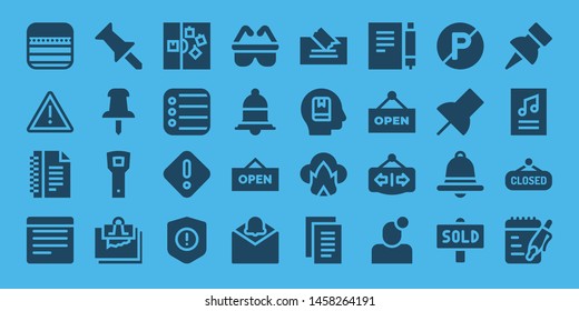 notice icon set. 32 filled notice icons. on blue background style Simple modern icons about  - Notes, Warning, Push pin, Opener, Note, Reminder, Danger, Safety, Notification, Open
