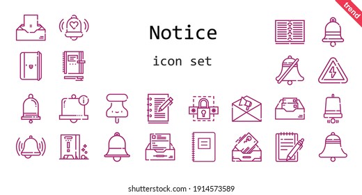conjunto de iconos de aviso. estilo de icono de línea. iconos relacionados con el aviso como notificación, contraseña, timbre de notificación, suelo húmedo, bloc de notas, alto voltaje, bandeja de entrada, timbre, chinche, bloc de notas