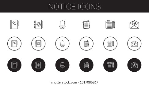 notice icons set. Collection of notice with agenda, notification bell, notes, note, notification. Editable and scalable notice icons.