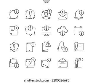 Notice. Important message. New video. Notification bell and other. Pixel Perfect Vector Thin Line Icons. Simple Minimal Pictogram