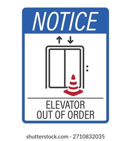 Aviso de la señal de la etiqueta del elevador con un cono de tráfico en frente, que simboliza la condición de fuera de servicio temporal, advertencia de elevación rota y aviso de seguridad de mantenimiento.