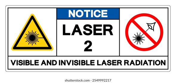 Hinweis Laser 2 sichtbare und unsichtbare Laserstrahlung Symbol Zeichen, Vektorgrafik, isolieren auf weißem Hintergrund Label.EPS10