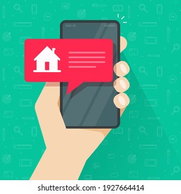 Notice message from smart home automation control on cellphone mobile phone app screen vector flat cartoon illustration, idea of security notification alarm on smartphone, internet house wireless tech