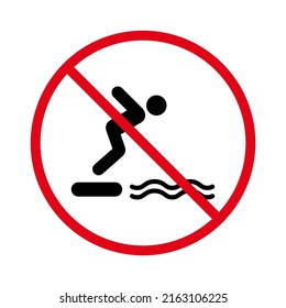 Notice No Allowed Diving in Water Sign. Caution Forbidden Dive in Pool Pictogram. Information Danger Man Swimmer Black Silhouette Icon. Prohibited Diving Red Stop Symbol. Isolated Vector Illustration.