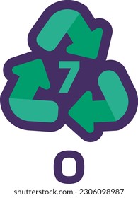 Notice O number 7 for industrial products marking. Recycle code for plastic, paper, metals. Informing consumer of package properties and chemical composition. Green triangular arrow sign. Vector