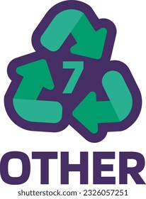 Notice OTHER recycling code 7 for industrial products marking. Recycle code for other types of plastic. Informing consumer of package properties and chemical. Green triangular arrow sign. Vector