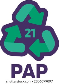 Notice PAP number 21 for industrial products marking. Recycle code for plastic, paper, metals. Informing consumer of package properties and chemical composition . Green triangular arrow sign. Vector svg
