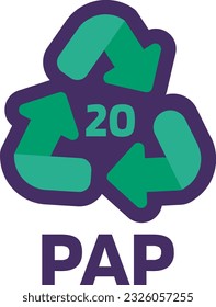 Notice PAP recycling code 20 for industrial products marking. Recycle code for Corrugated cardboard. Informing consumer of package properties and chemical. Green triangular arrow sign. Vector