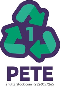 Notice PETE recycling code 1 for industrial products marking. Recycle code for polyester, drink bottle. Informing consumer of package properties and chemical. Green triangular arrow sign. Vector