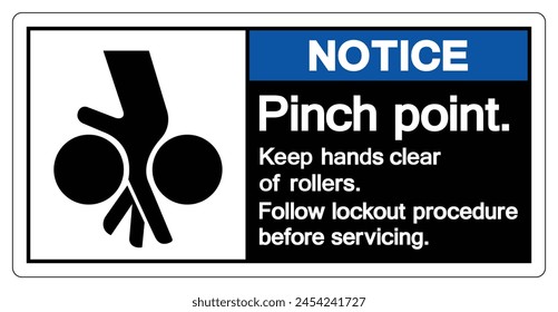 Notice Pinch Point Keep hands Clear Of Rollers Follow Lockout Procedure Before Servicing Symbol Sign, Vector Illustration, Isolate On White Background Label .EPS10