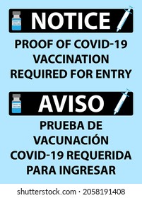 Notice Proof of Vaccination Required sign in English and Spanish - Vector Illustration