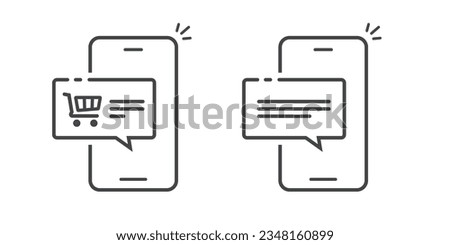 Notice push message new on cell phone mobile icon vector graphic, cellphone sms notification line outline art simple pictogram, shop order popup on smartphone alert image clipart set 