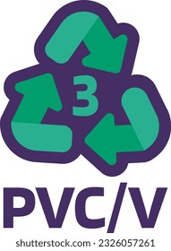 Notice PVCV recycling code 3 for industrial products marking. Recycle code for polyethylene and plastic. Informing consumer of package properties and chemical. Green triangular arrow sign. Vector