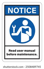Aviso Ler Manual do Usuário Antes da Manutenção Etiqueta Sinal Vetor Para Sinal de Segurança Imprimir Símbolo de adesivo de Ilustração Azul