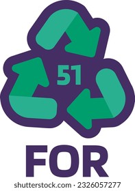 Notice FOR recycling code 51 for industrial products marking. Recycle code for bottle caps. Informing consumer of package properties and chemical composition . Green triangular arrow sign. Vector