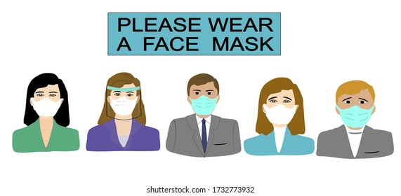 Notice sign PLEASE WEAR A FACE MASK  please wear surgical ,medical or dust mask protective  coronavirus pandemic.COVID-19 crisis. isolate on white Background.