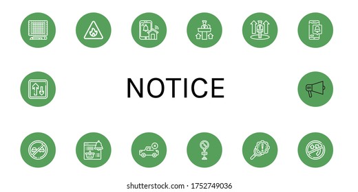 notice simple icons set. Contains such icons as Cutting mat, Fire sign, Notification, Promoting, Promotion, No overtaking, Forbidden, No parking, can be used for web, mobile and logo