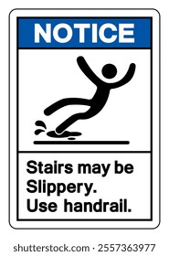 Notice Stairs May Be Slippery Use Handrail Symbol Sign,Vector Illustration, Isolate On White Background Label. EPS10