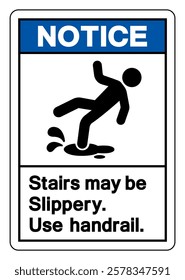 Notice Stairs May Be Slippery Use Handrail Symbol Sign,Vector Illustration, Isolate On White Background Label. EPS10