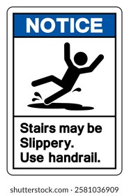 Notice Stairs May Be Slippery Use Handrail Symbol Sign,Vector Illustration, Isolate On White Background Label. EPS10