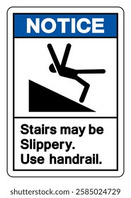 Notice Stairs May Be Slippery Use Handrail Symbol Sign,Vector Illustration, Isolate On White Background Label. EPS10