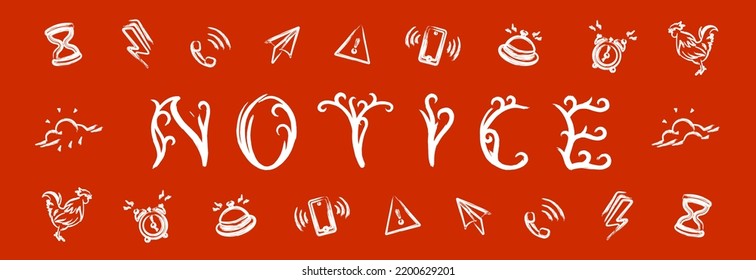 Notice text vs abstract icon isolated in orange background. Vector set for digital content or print applying. New type mix design ever.
