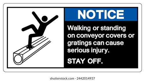 Notice Walking or standing on conveyor covers or gratings can cause serious injury Symbol Sign ,Vector Illustration, Isolate On White Background Label. EPS10