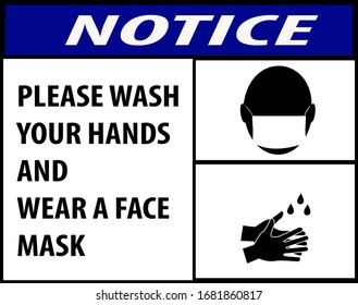 notice for wash your hands and wear a mask, or a warning banner for washing hands