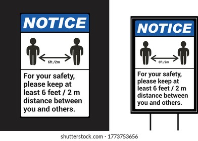 Aviso para su seguridad mantener 6 pies / 2 m de distancia entre usted y otros Social Awareness COVID 19 - plantilla de diseño de letreros de patio vectorial. Mantener el distanciamiento social y proteger el virus Novel Corona.