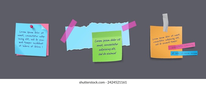 Notices on paper sheets realistic vector illustration set. Memory messages attached with pins on bulletin board 3d models on grey background. Memo notes