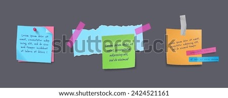 Notices on paper sheets realistic vector illustration set. Memory messages attached with pins on bulletin board 3d models on grey background. Memo notes