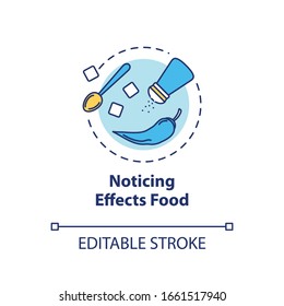 Noticing effects food concept icon. Conscious nutrition idea thin line illustration. Recognizing ingredients, savoring spices. Vector isolated outline RGB color drawing. Editable stroke