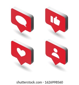 Notification 3d symbols. Red alerts and likes, follow and request icons, isometric internet notifications vector designs