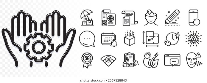 Notification, 5g wifi and Charging time line icons for web app. Glare of light effect. Message icon. Pack of Prescription drugs, Recovery phone, Augmented reality pictogram icons. Vector